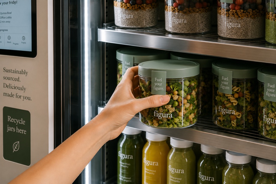 Figura Grab & Go fridge stocked with jars and cold-pressed juices